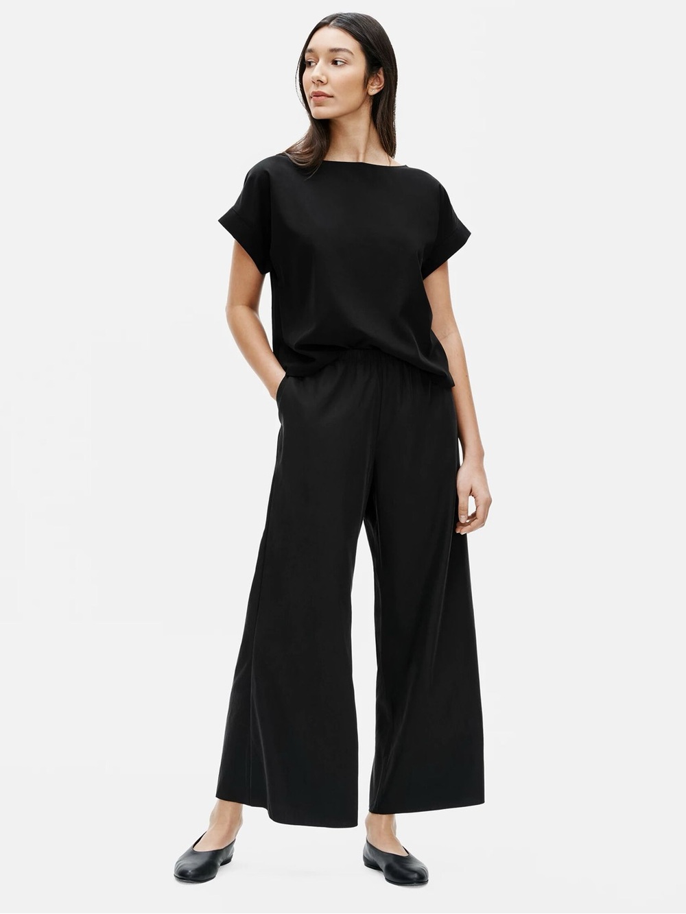 EILEEN FISHER - Black Sandwashed Tencel Wide Leg, high waisted pant. XS